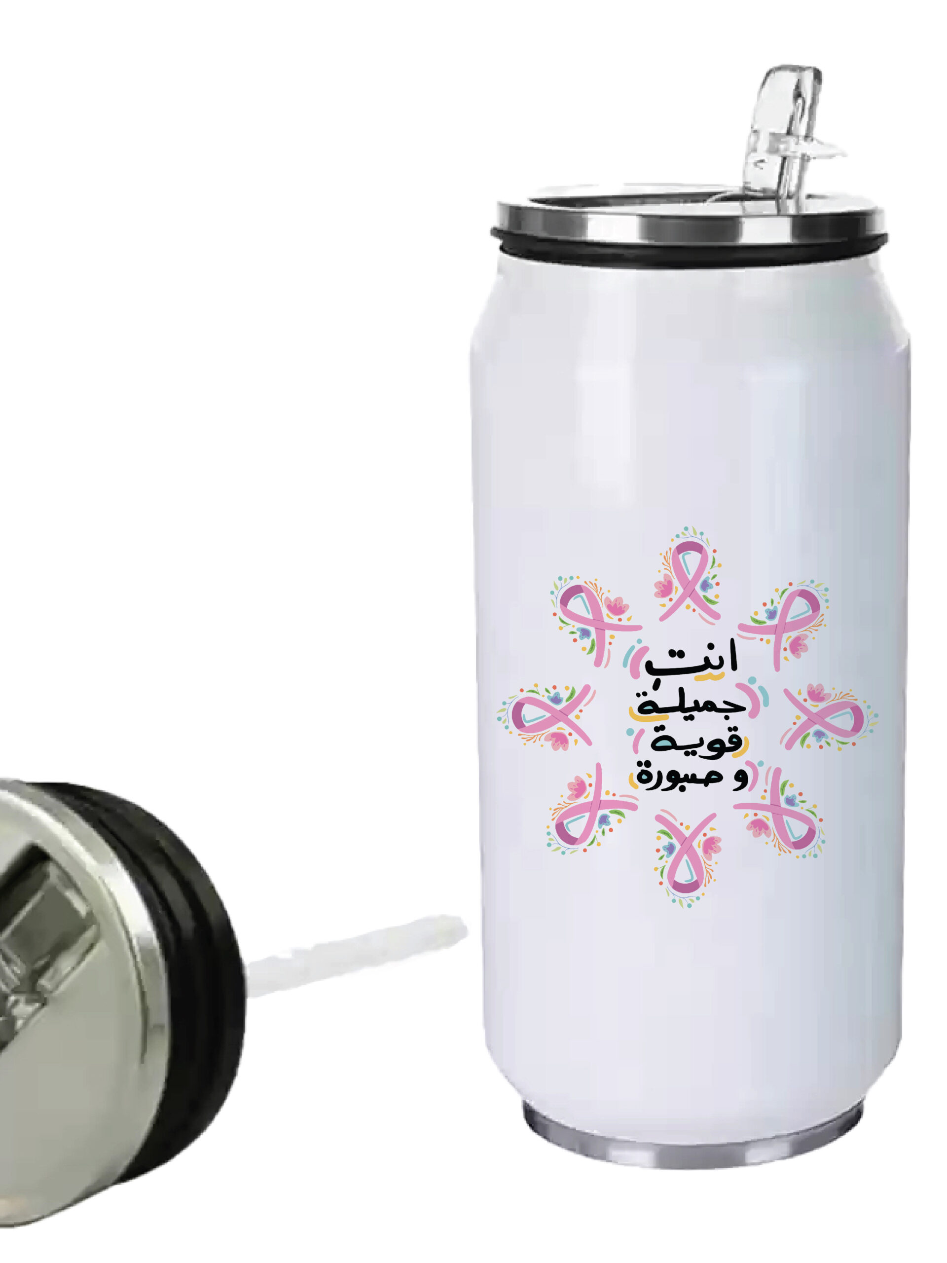 Stainless Steel Bottle With Straw Breast Cancer Awareness Pink Ribbon